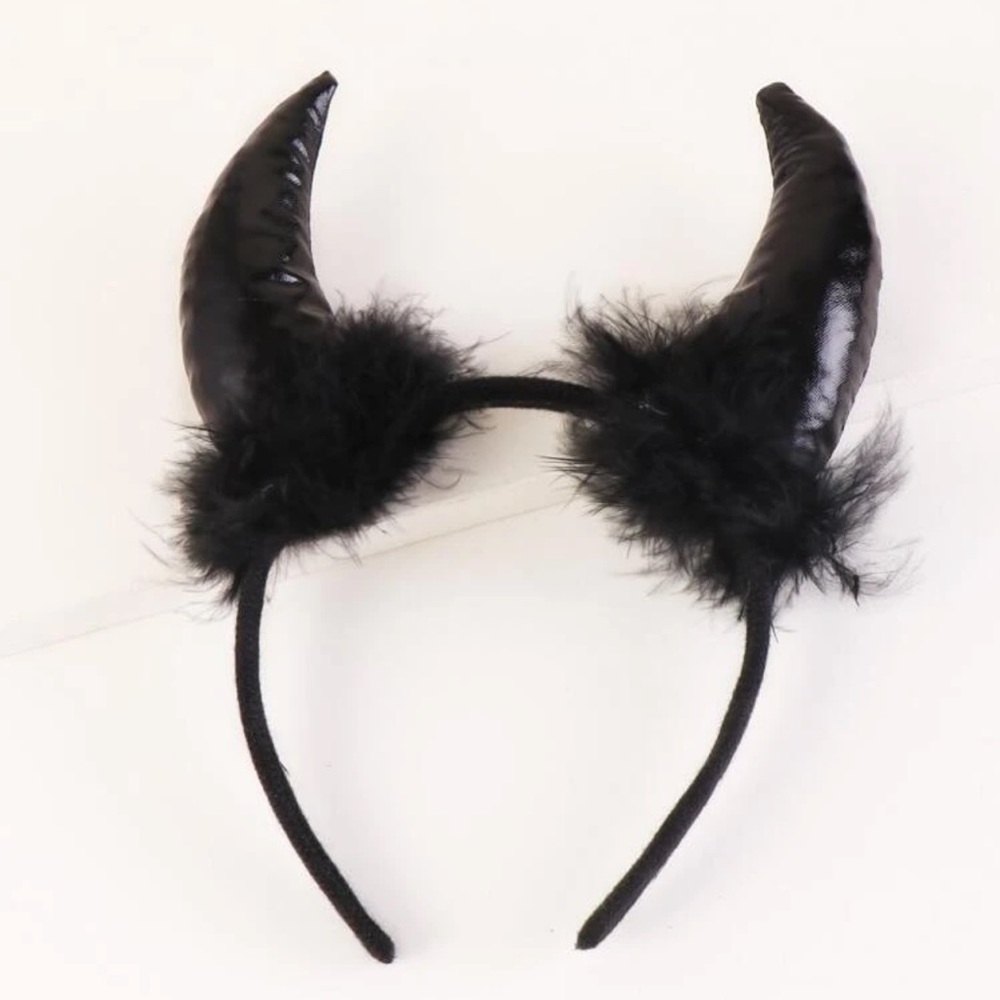 😈 Awesome PU leather fluffy boa feather devil horns headband headdress 😈